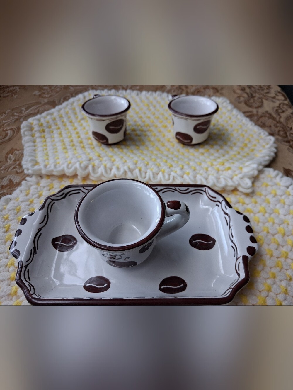 Ceramic Espresso Cup and Serving Tray Set in White with Brown Accents
